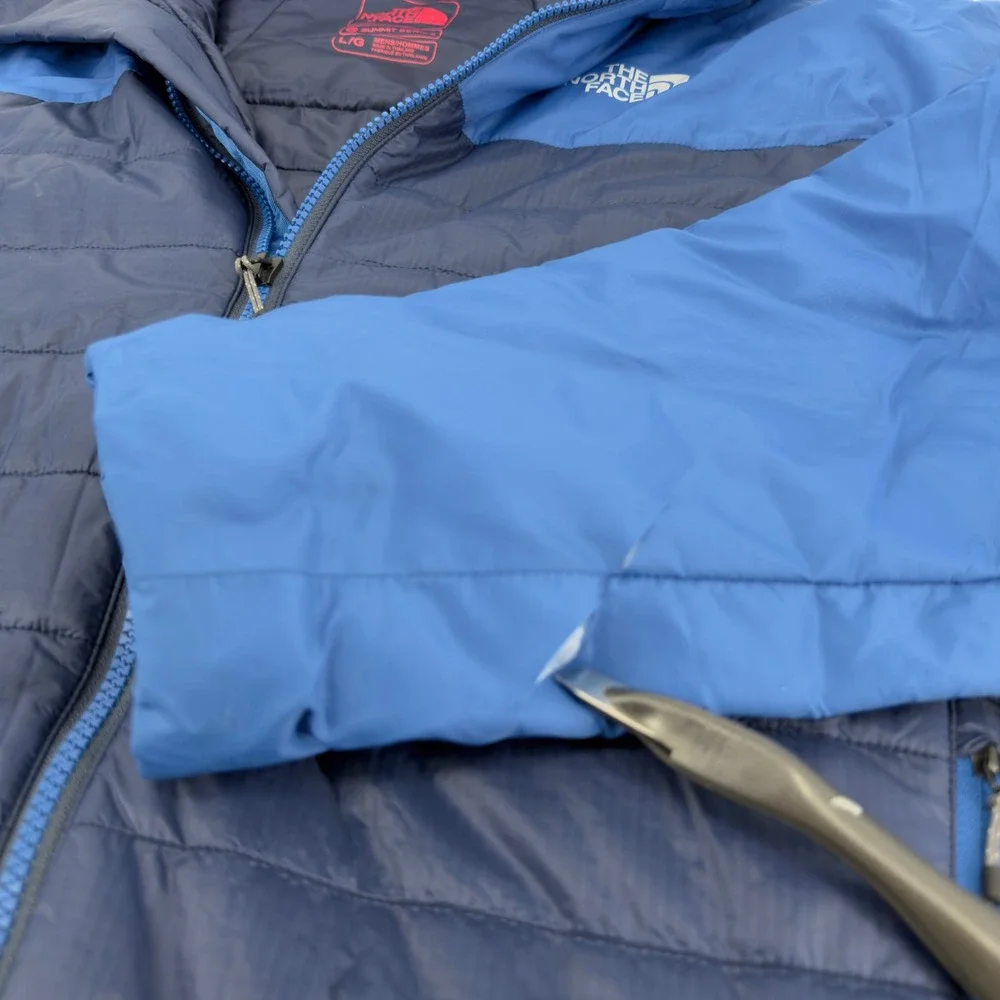 North Face Summit Series Large Mens Puffer Jacket Blue Insulated Full Zip FLAW